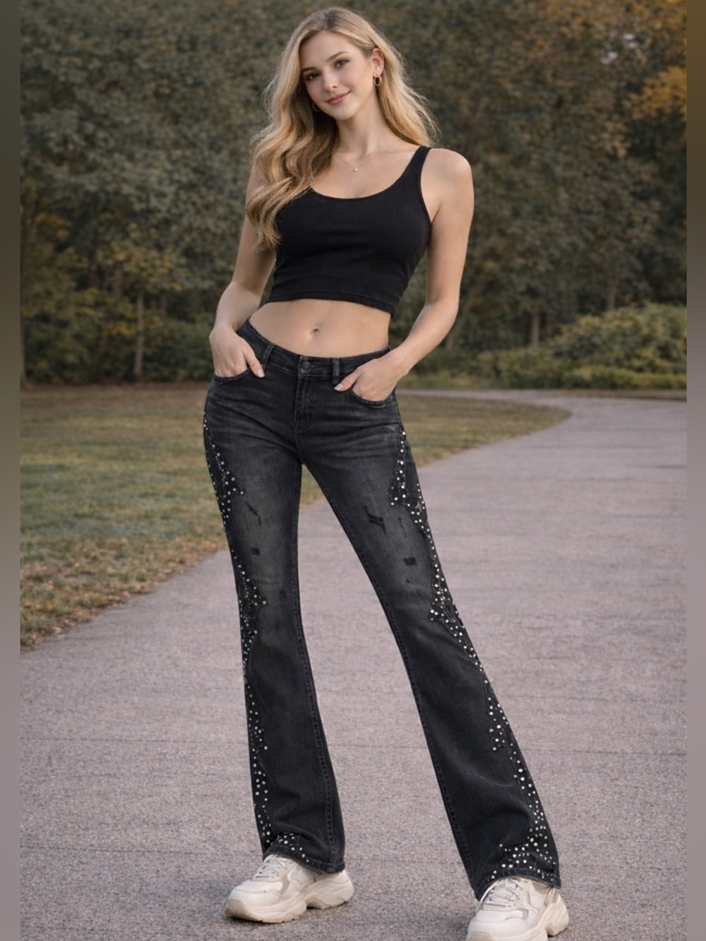 GFTD LA Black Rhinestone Flame Jeans Sz‎ 30 Y2K Bootcut Stretch Denim NWOT